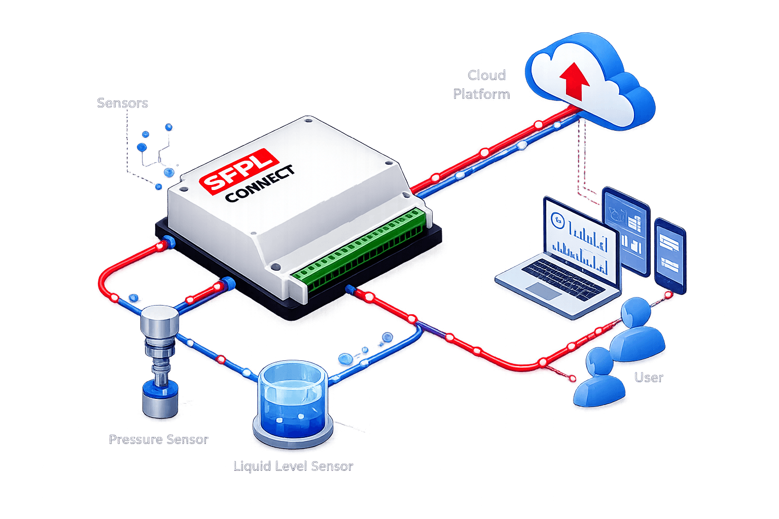 SFPL Connect system overview — sensors, IoT device, cloud, and user
