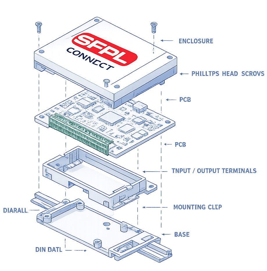 SFPL Connect hardware exploded view — enclosure, PCB, terminals, DIN rail