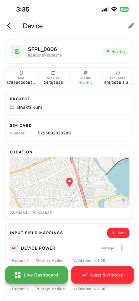 Specific Fire app — device status overview